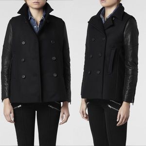 AllSaints Zaskia Leather Pea Coat Jacket in Navy & Black Size 0 All saints
